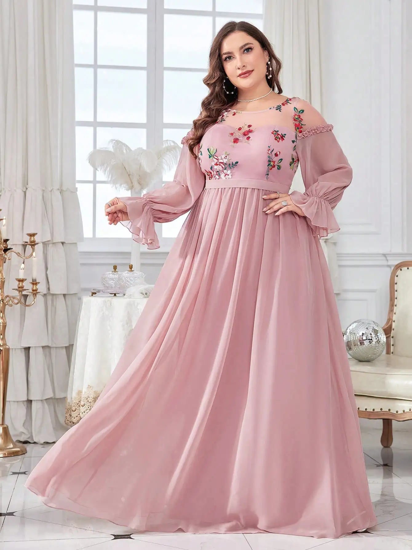 Pink Plus Size Floral Embroidery Chiffon Evening Gown