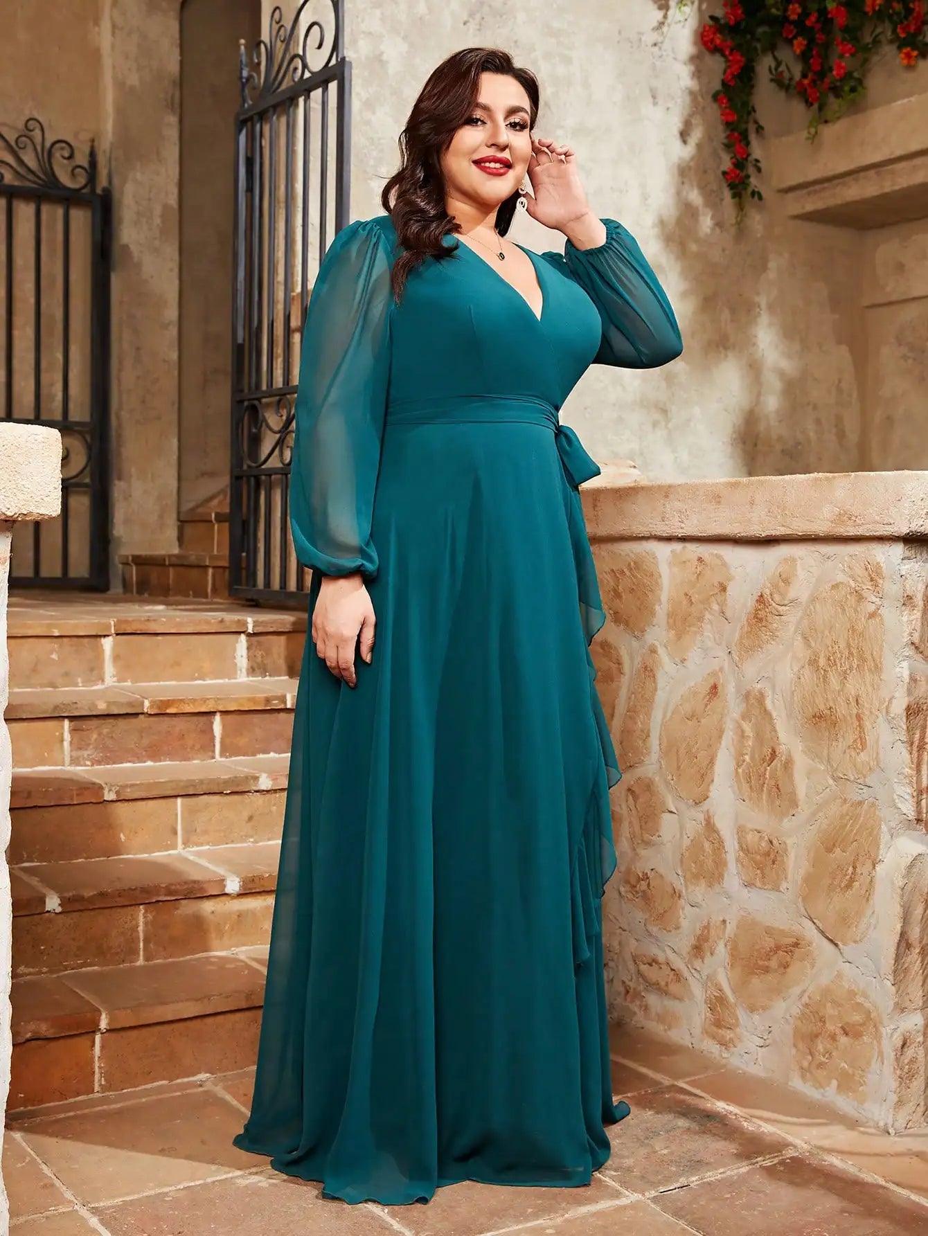 Green Plus Size Chiffon Crossover Style Party Dress