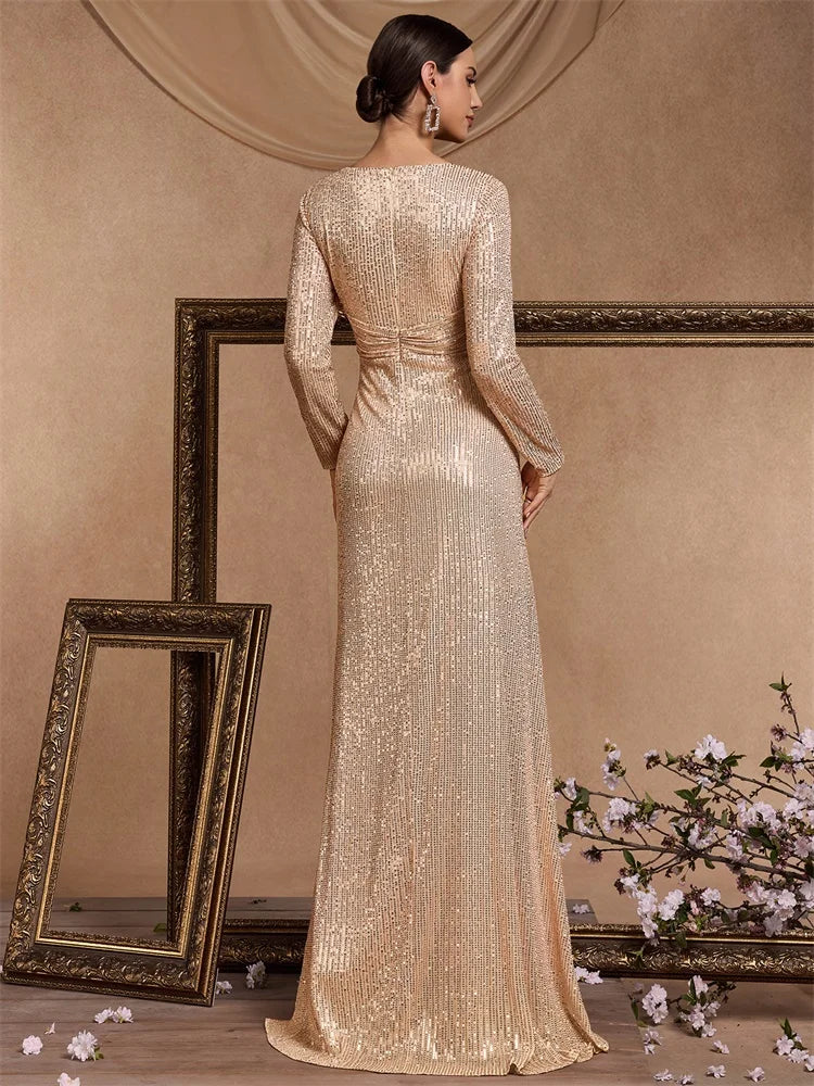 Sequin Long Sleeves Maxi Evening Dress