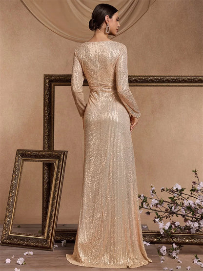 Sequin Long Sleeves Maxi Evening Dress