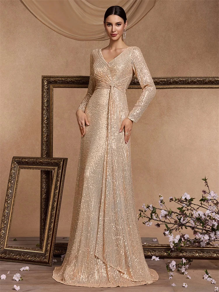 Gold sequin long sleeved maxi length dress-formal elegance