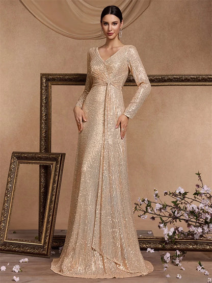 Gold sequin long sleeved maxi length dress-formal elegance
