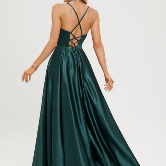 green a-line sweetheart cowl neckline lace up back satin evening formal dress-formal elegance