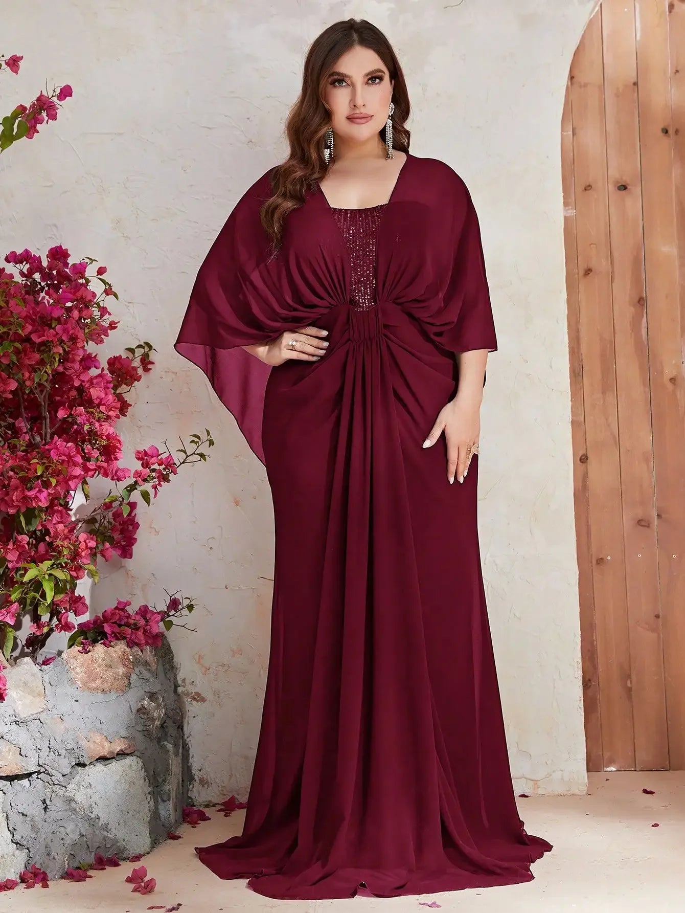 burgundy chiffon with sequin and shawl plus size evening dress