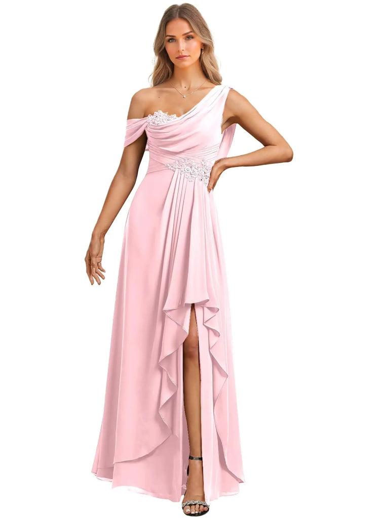 Pink off-shoulder evening gown with beaded details on a white background