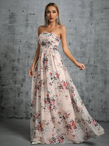 a-line strapless pleated floral printed maxi dress-formal elegance