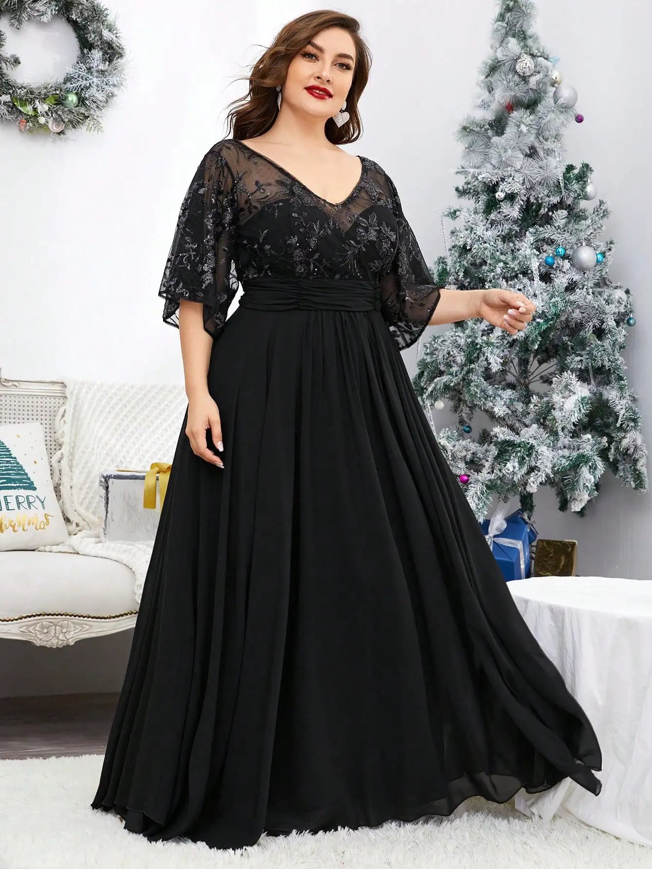 black lace with sequins bodice and made in chiffon plus size evening dress