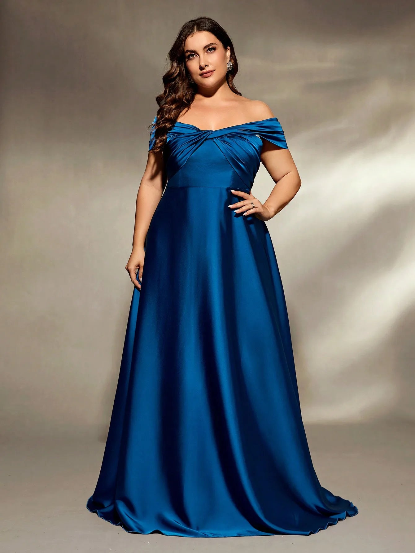 blue satin off the shoulder plus size bridesmaid party dress-formal elegance