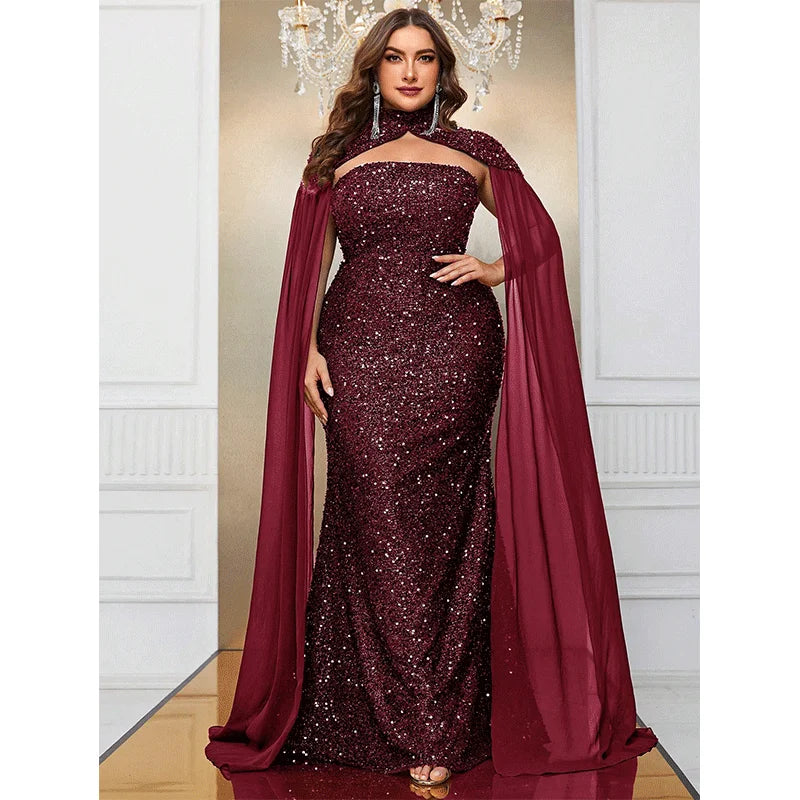 strapless burgundy sequins with chiffon cape long evening dress-formal elegance