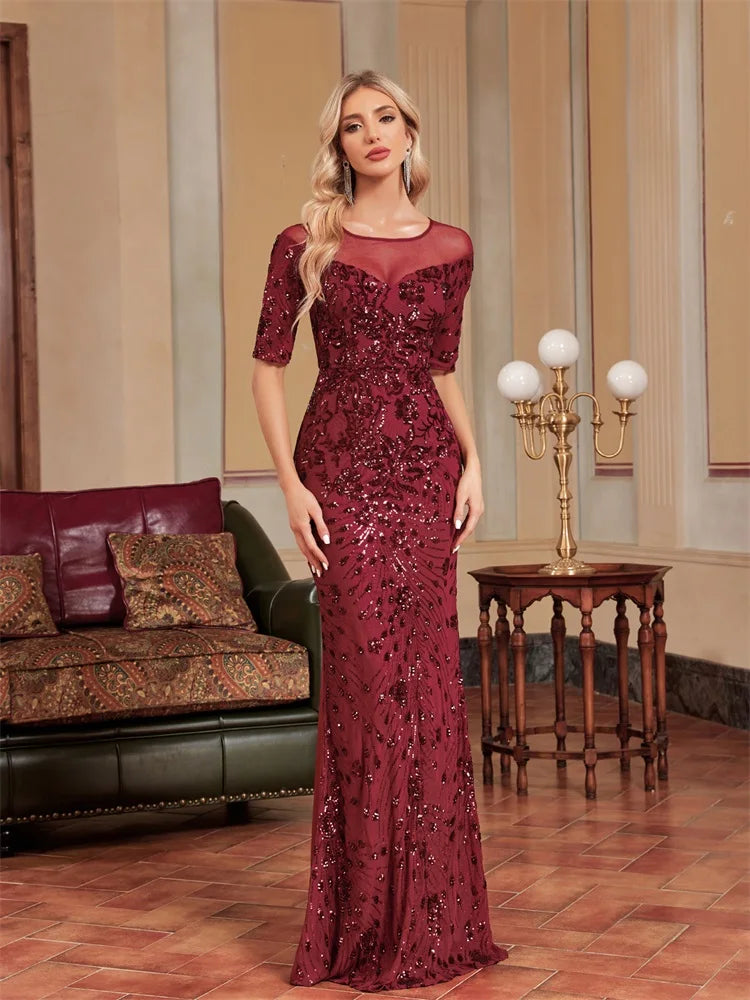 burgundy sequinned half sleeve evening party dresses-formal elegance