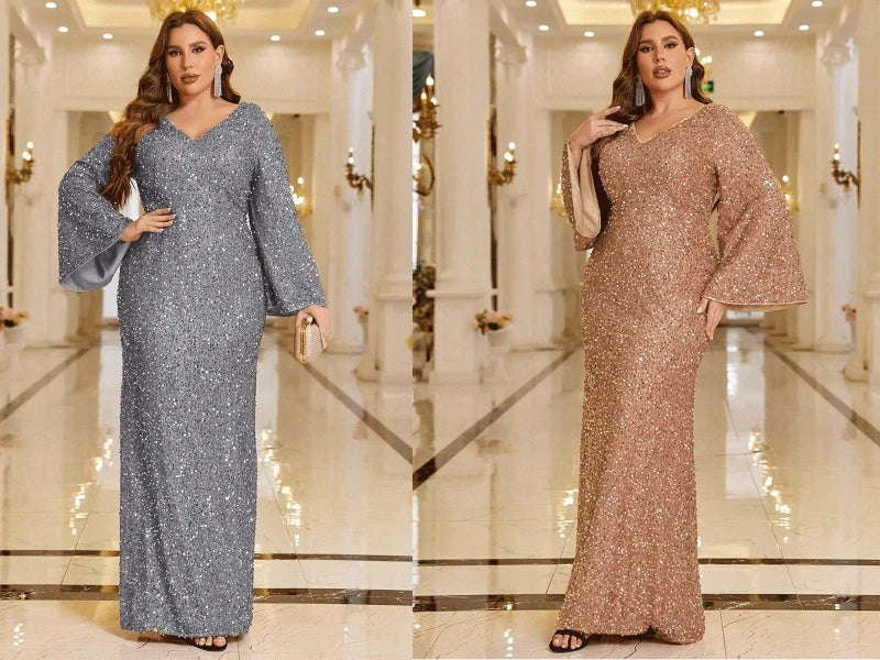 Plus Size V Neck Long Sleeve Sparkling Evening Gown