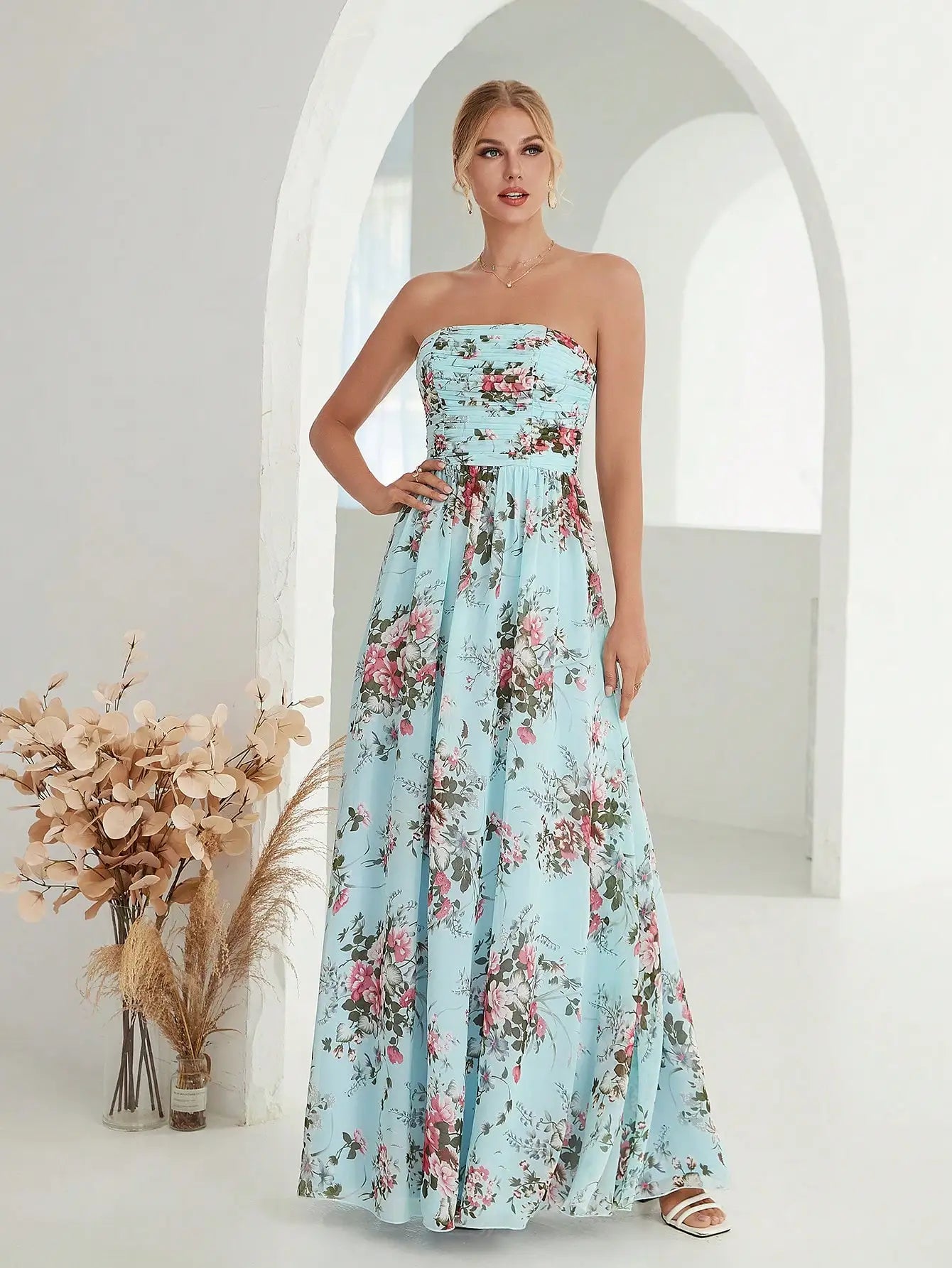 sky blue strapless pleated floral printed maxi dress-formal elegance