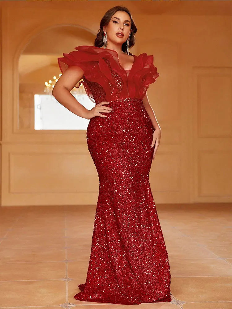 Red Plus Size V Neck Organza Sparkling Evening Gown-Formal Elegance