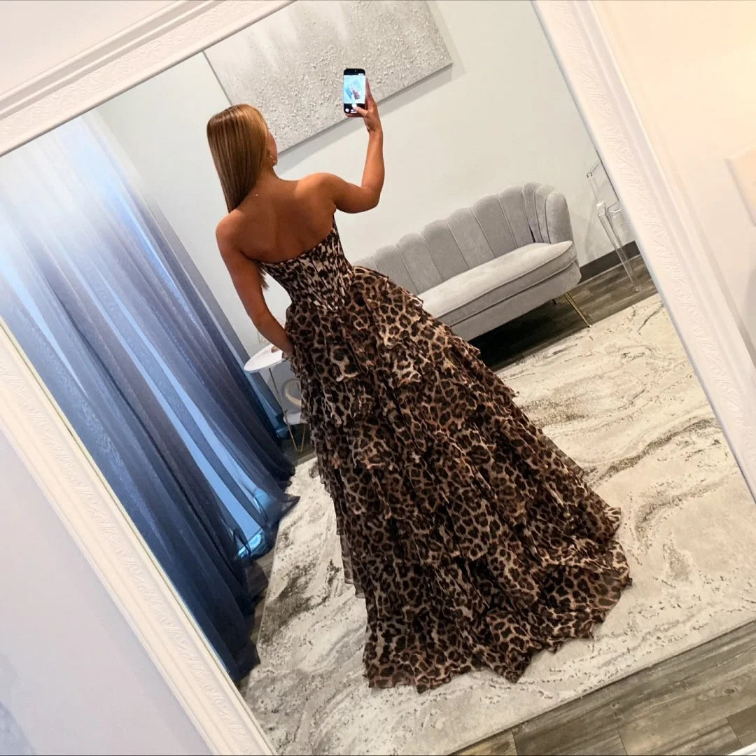 Strapless Leopard Ruffles Evening Formal Dress