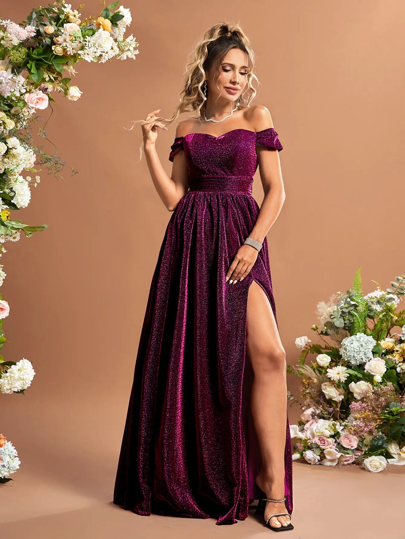 Fushia Pink Off Shoulder High Split Glitter Fit Flare Party Dress-Formal Elegance