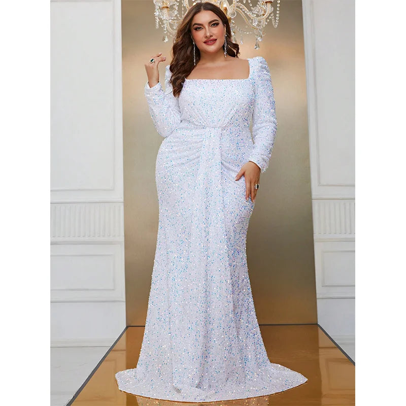 white with colourful sequins long sleeve evening dress-formal elegance