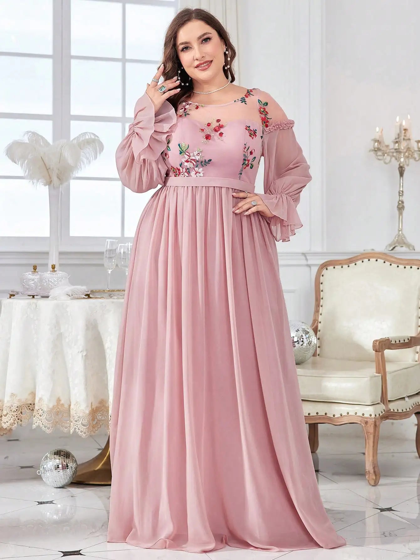 Pink Plus Size Floral Embroidery Chiffon Evening Gown