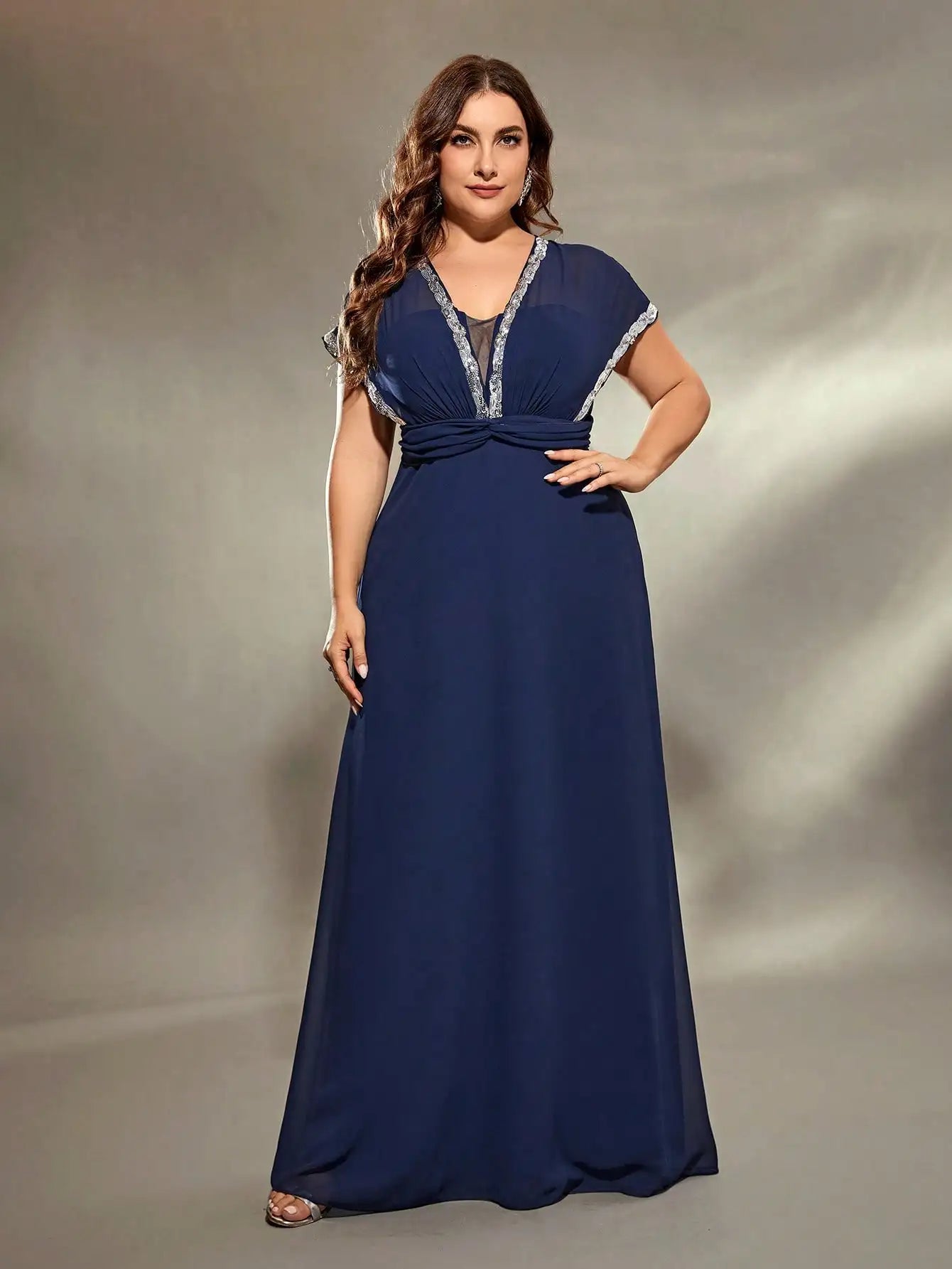 Navy Chiffon Silver Sequin Trim Plus Size Evening Dress