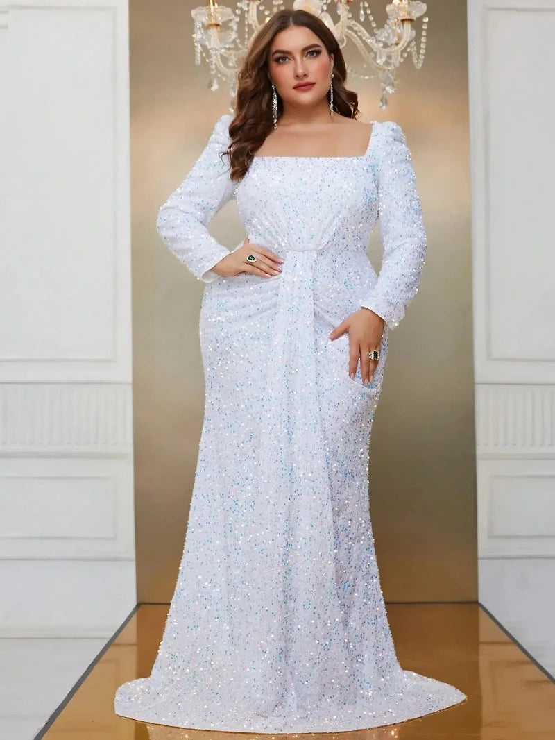 white square neckline sequinned long sleeve evening dress-formal elegance