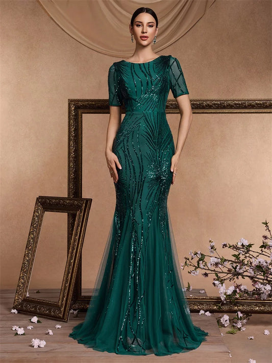 Bateau neckline short sleeve dark green sequin and tulle evening dress 