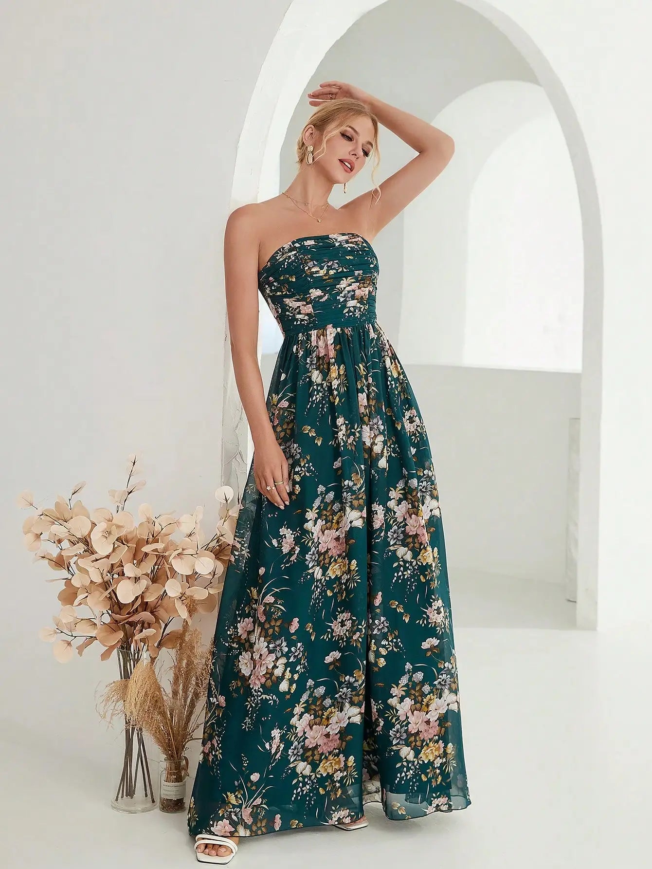 dark green strapless pleated floral printed maxi dress-formal elegance