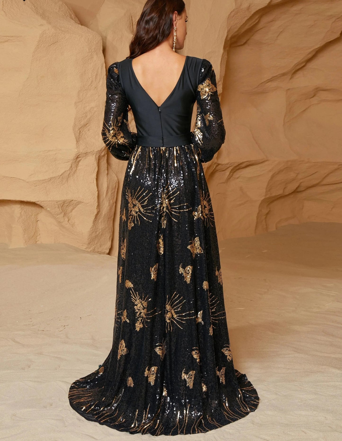 Black Sequin Lantern Sleeve A-line Evening Formal Gown