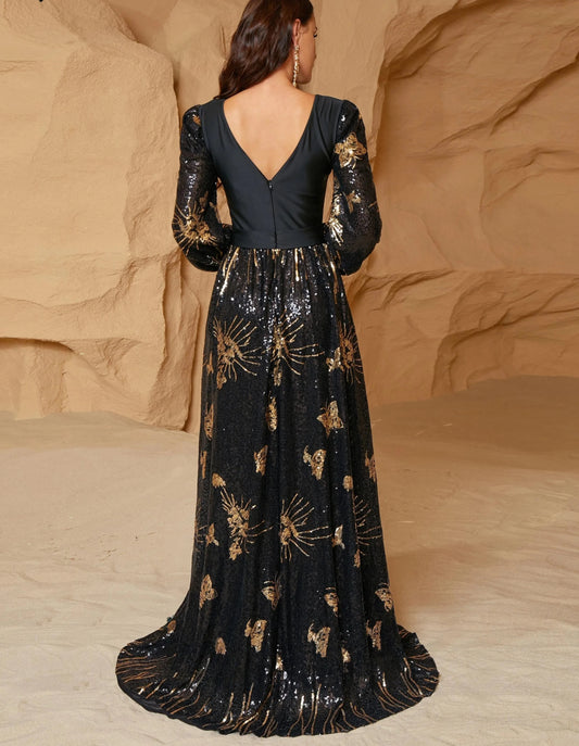 Black Sequin Lantern Sleeve A-line Evening Formal Gown