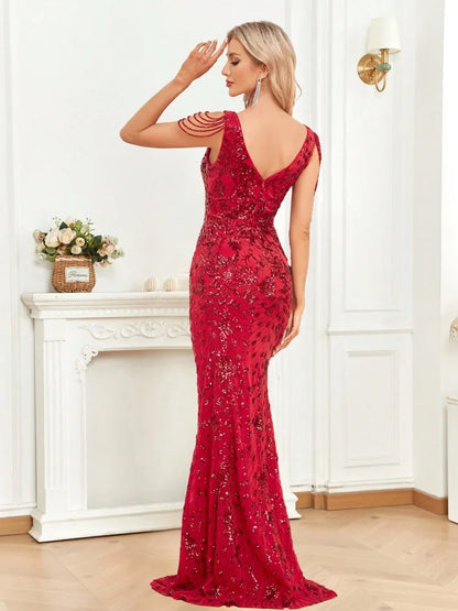 Red V-Neck Sequin Beading Mermaid Party Dresses