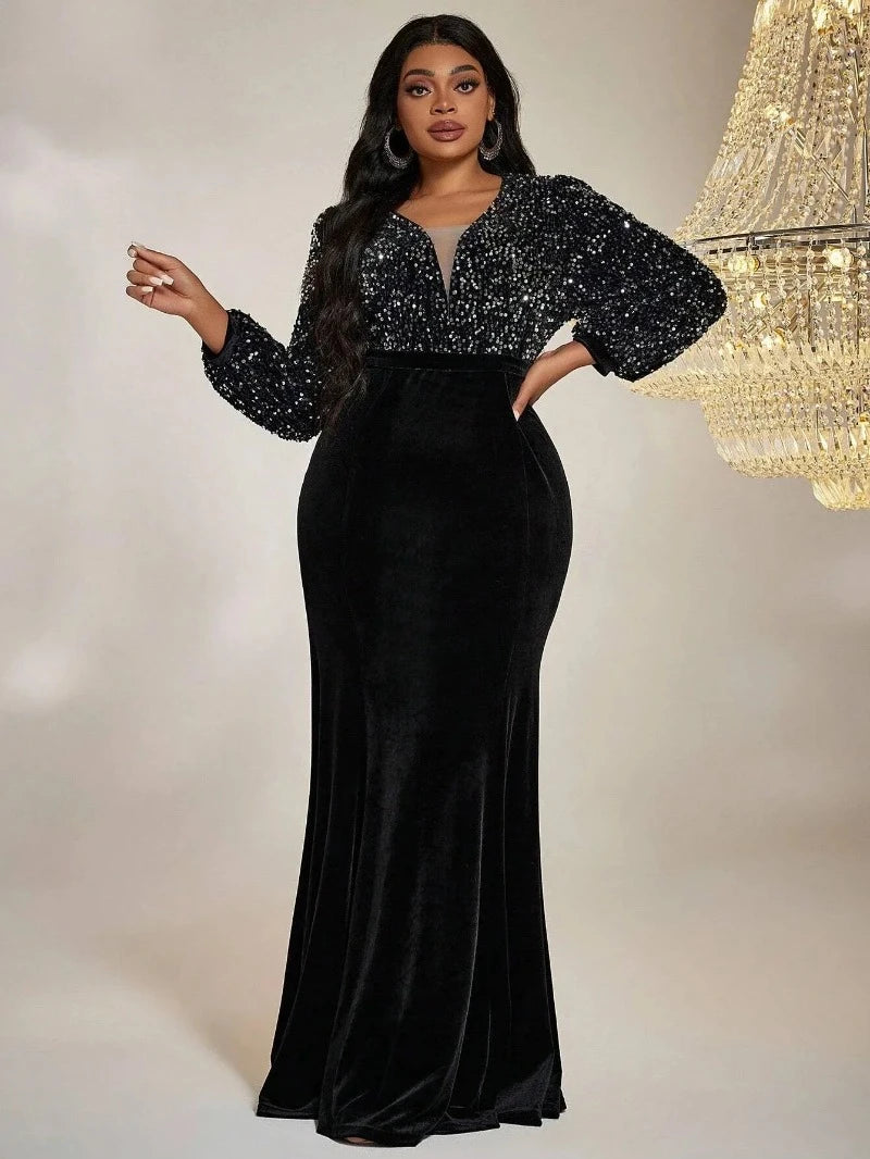 Black Plus Size Green Velvet Glitter V-Neck Long Sleeve Dress-Formal Elegance