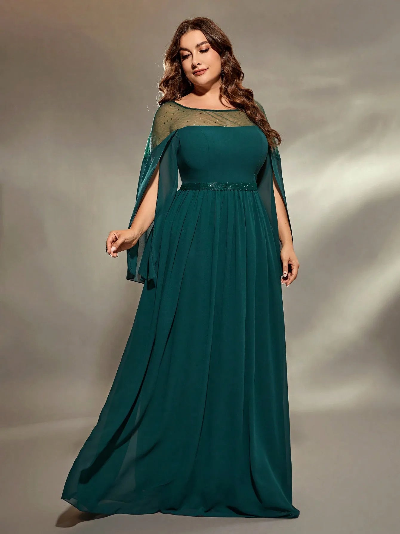 green chiffon sequins split sleeve evening dress