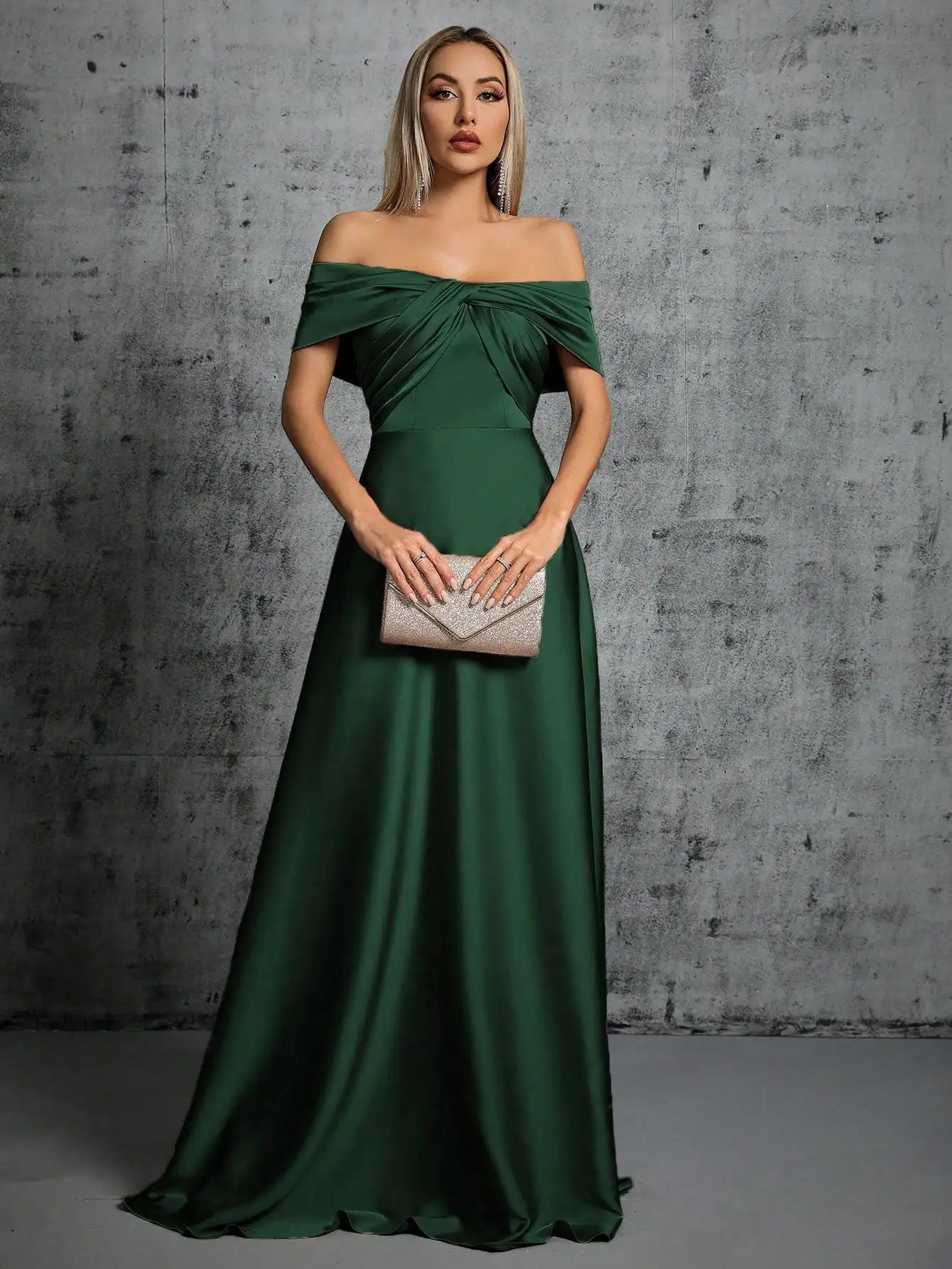 dark green satin off the shoulder bridesmaid dress-formal elegance