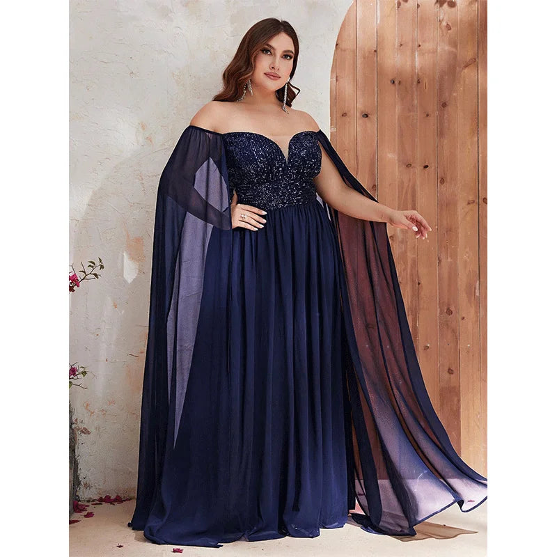 Plus Size Off Shoulder Cape Sleeve Sequin Evening Gown