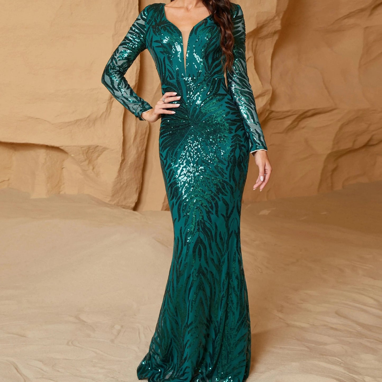 Elegant Green V Neck Sequin Mermaid Evening Dress