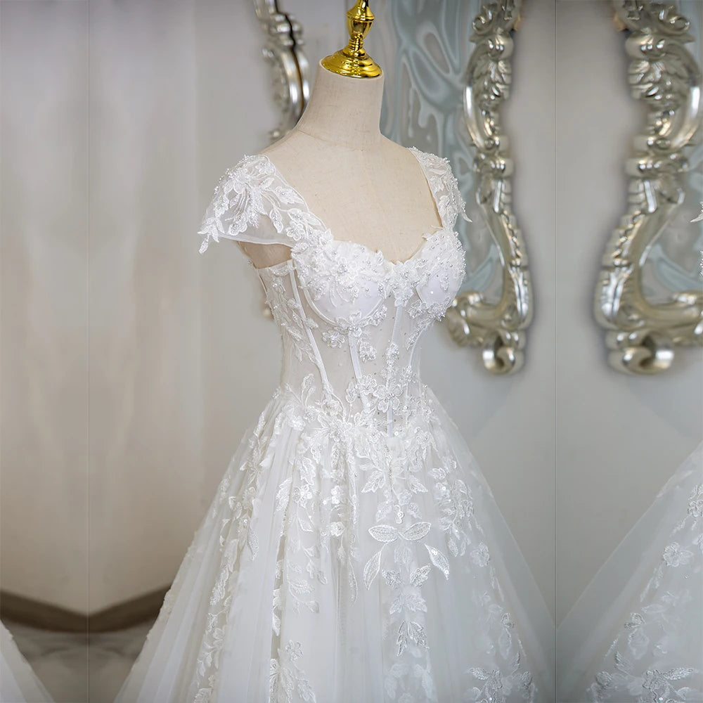 Romantic Lace Tulle Cap Sleeve Wedding Dress