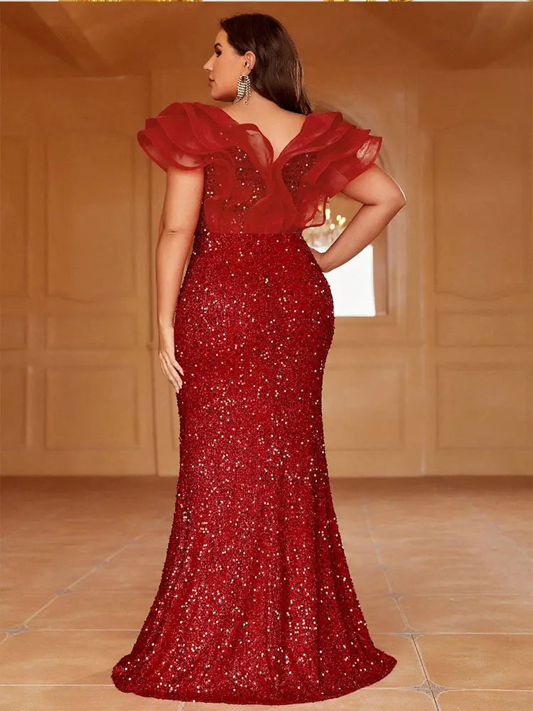 Red Plus Size V Neck Organza Sparkling Evening Gown