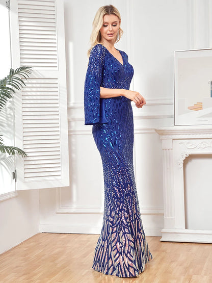 Elegant Blue Sequin Split Long Sleeve Evening Dress