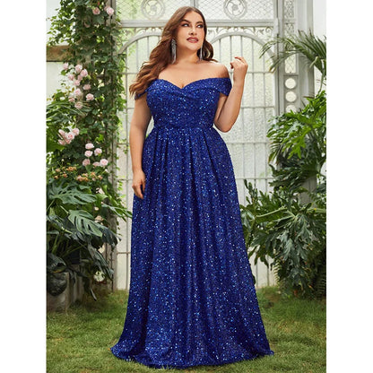 Royal Blue Plus Size Strapless Beaded Sequin Evening Dress