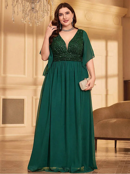 Green Plus Size Chiffon V-Neck Sequined Short Sleeve Evening Dress-Formal Elegance