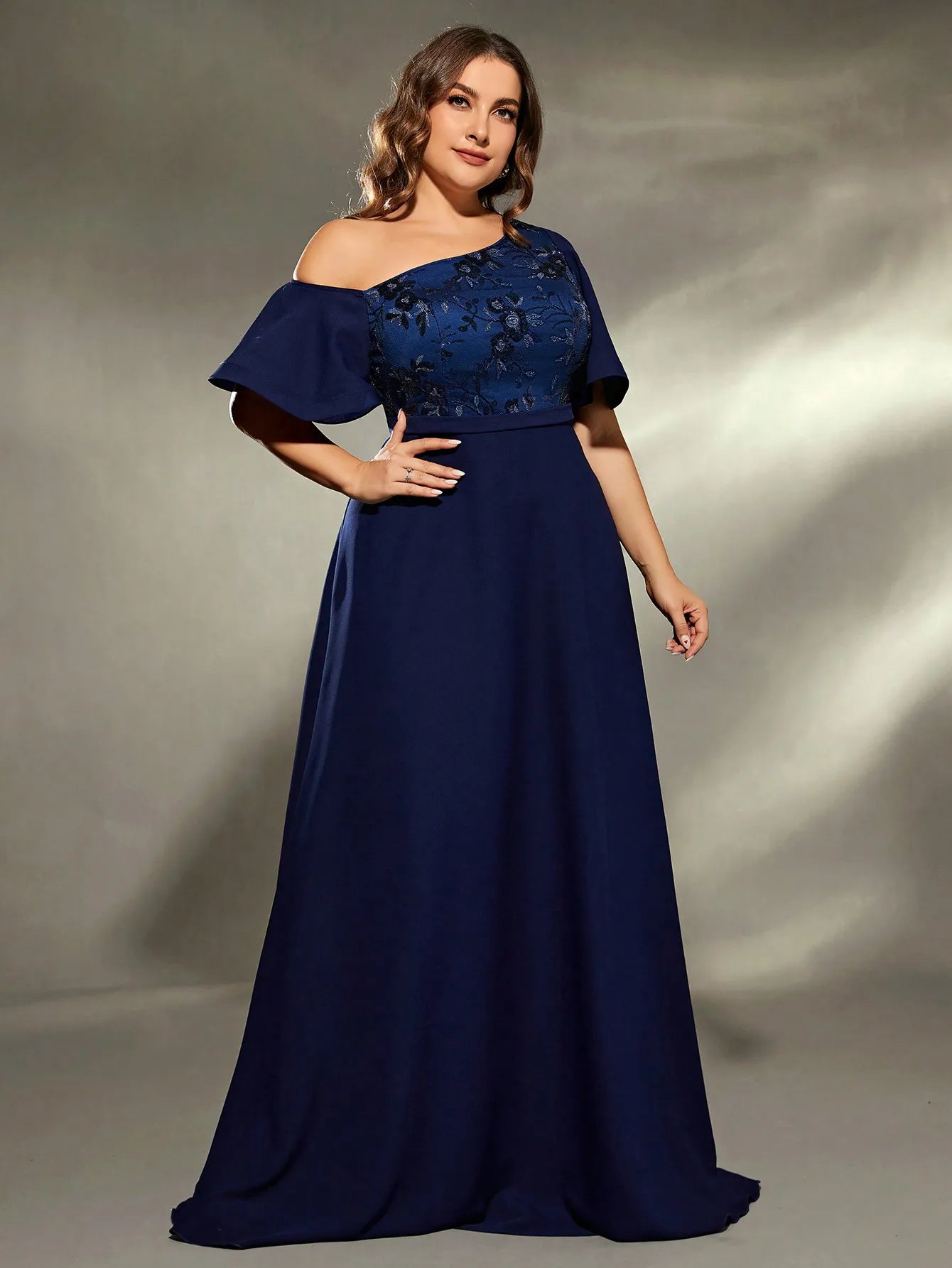 Navy Plus Size Diagonal Shoulder Evening Party Dress