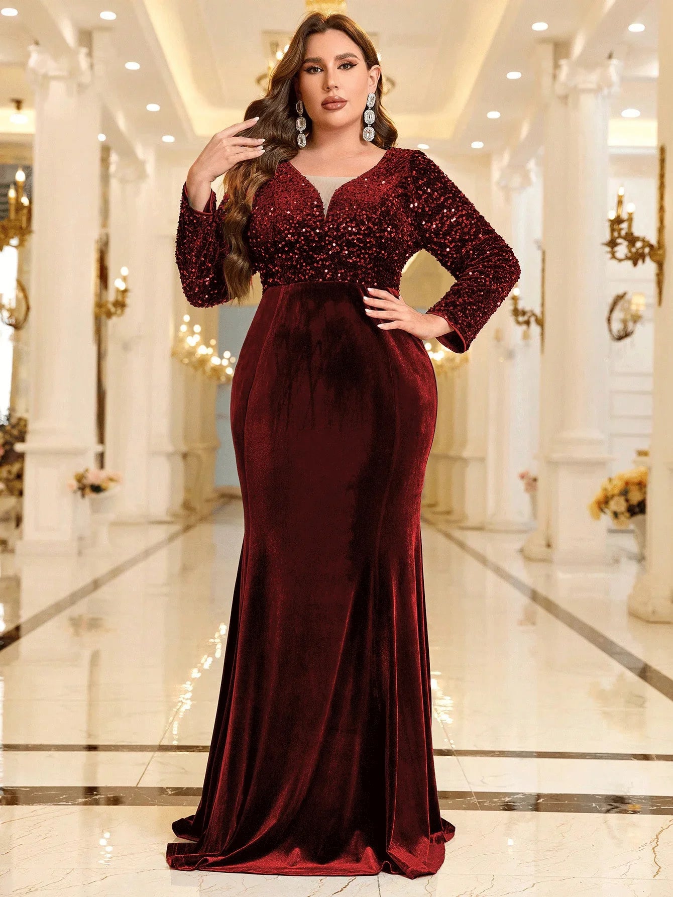 Burgundy Plus Size Green Velvet Glitter V-Neck Long Sleeve Dress-Formal Elegance