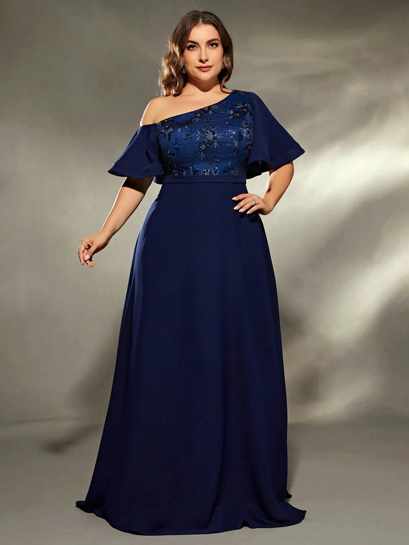 Navy Plus Size Diagonal Shoulder Evening Party Dress