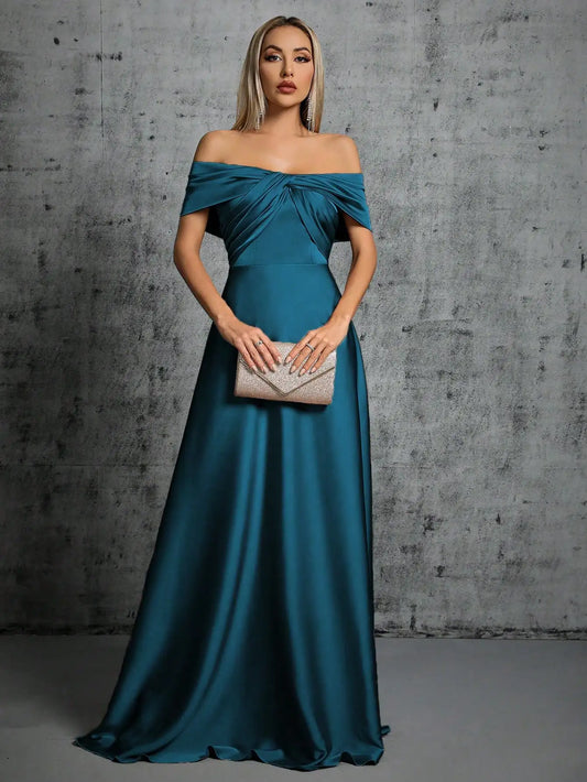 blue off the shoulder satin eveing party dress-formal elegance