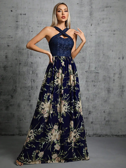 Navy Floral Cross Strap A-Line Evening Party Dress