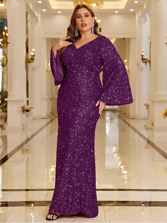 purple v-neck sequin party dress-formal elegance