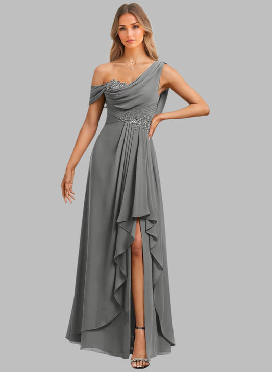 Gray one-shoulder evening gown with embellishments on a white background