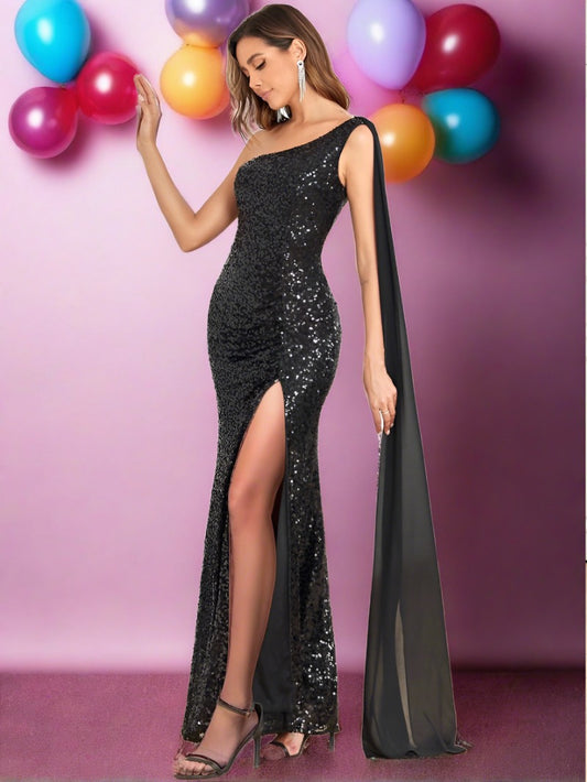 one shoulder leg split sequin evening dress-formal elegance