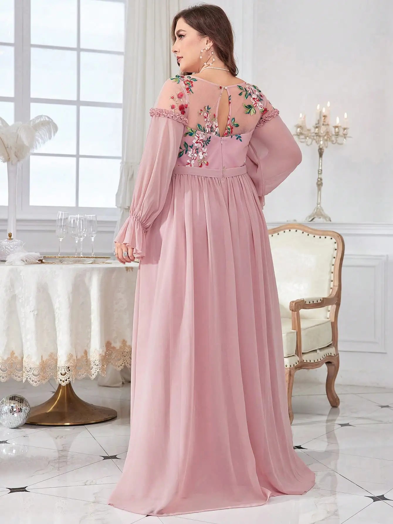 Pink Plus Size Floral Embroidery Chiffon Evening Gown