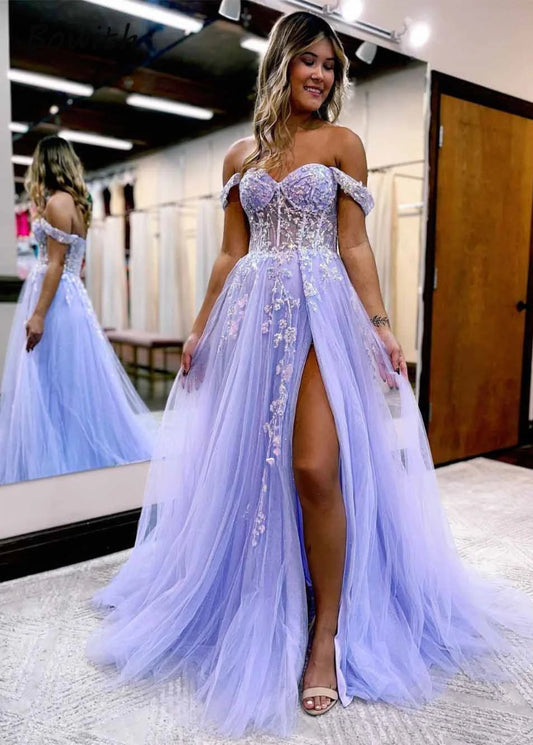 Blue Sweetheart Off Shoulder Lace Tulle Formal Dress