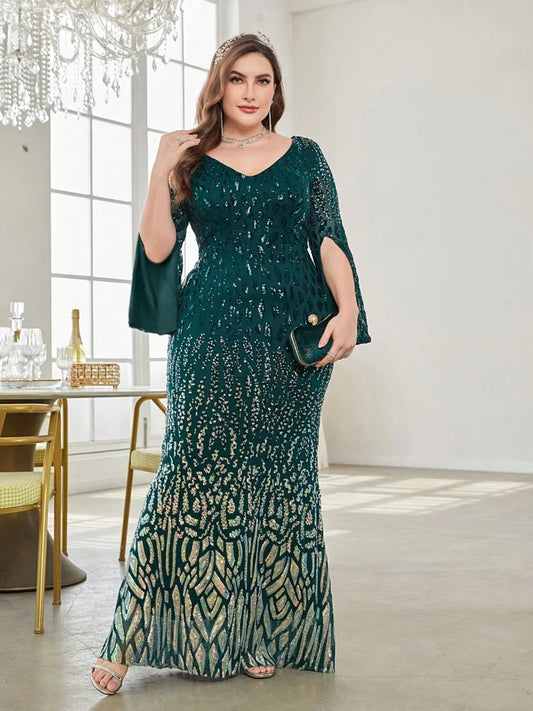 plus size sequin with long split sleeves evening dress-formal elegance