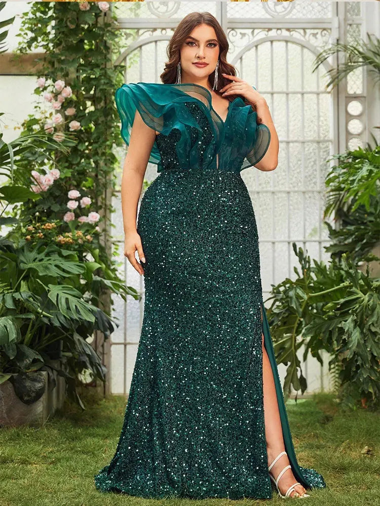 Green Plus Size V Neck Organza Sparkling Evening Gown-Formal Elegance